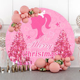 Lofaris Pink Girl Heart Trees Round Merry Christmas Backdrop