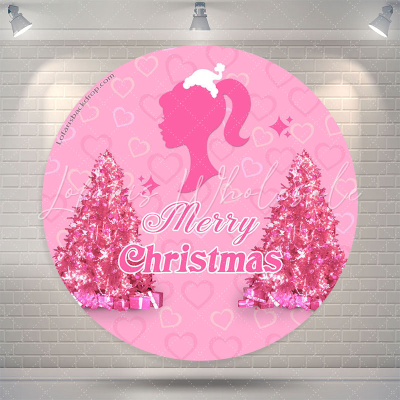 Lofaris Pink Girl Heart Trees Round Merry Christmas Backdrop
