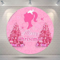 Lofaris Pink Girl Heart Trees Round Merry Christmas Backdrop