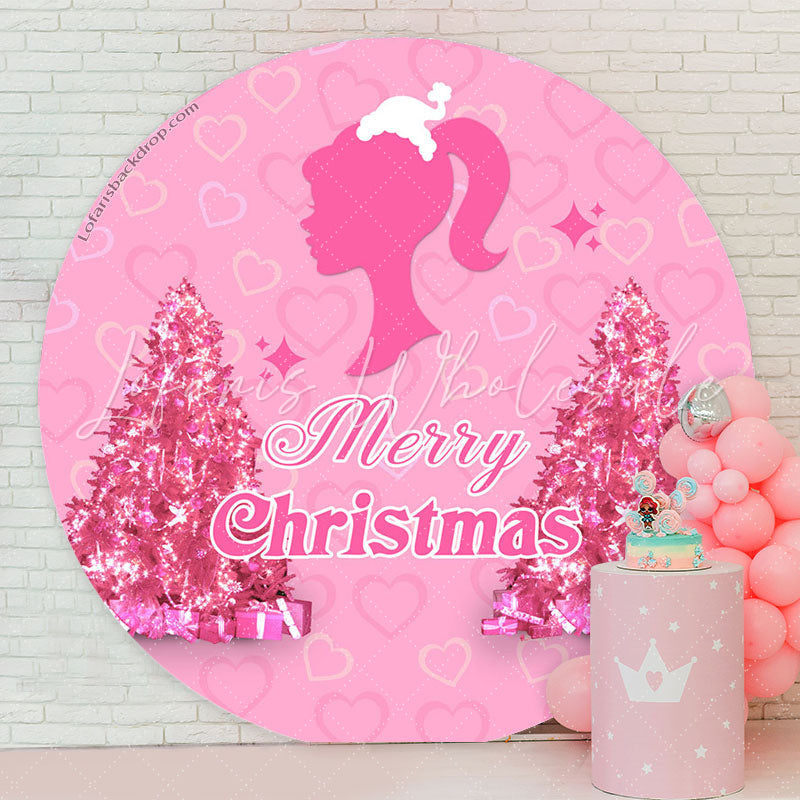 Lofaris Pink Girl Heart Trees Round Merry Christmas Backdrop