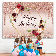 Lofaris Pink Glitter And Floral Happy Birthday Party Backdrop