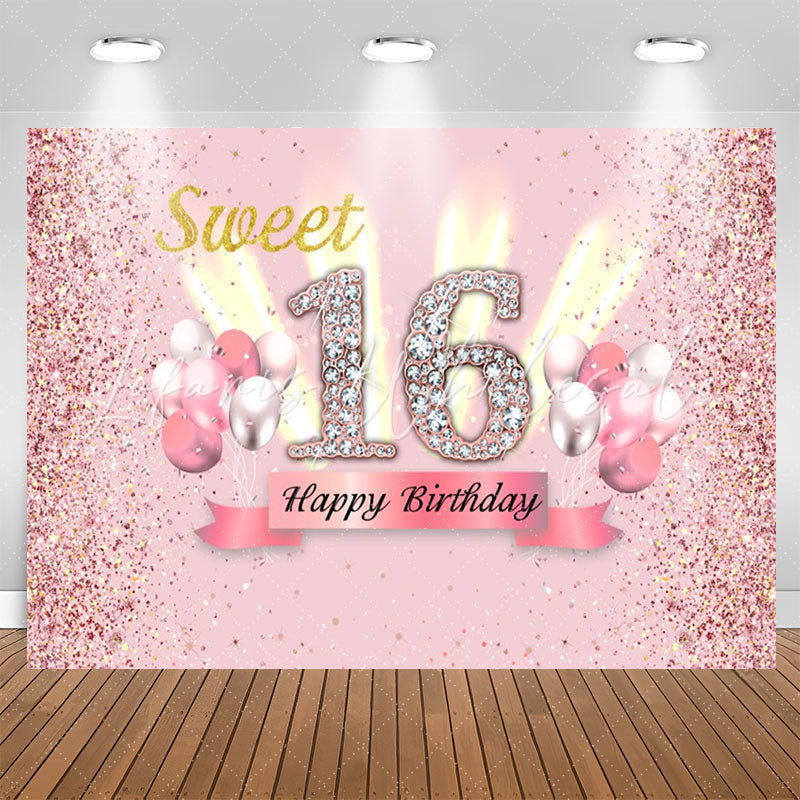 Lofaris Pink Glitter Balloon Sweet 16th Birthday Backdrop