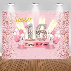 Lofaris Pink Glitter Balloon Sweet 16th Birthday Backdrop