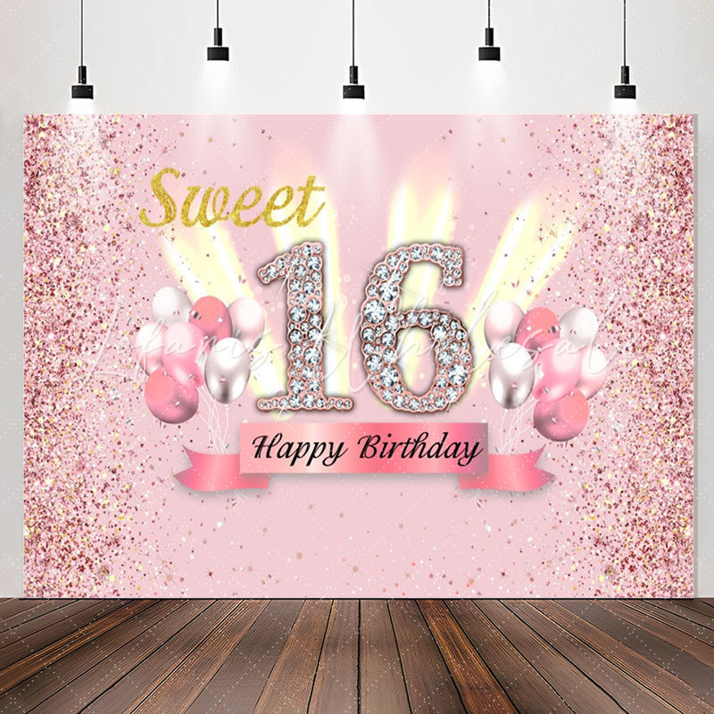 Lofaris Pink Glitter Balloon Sweet 16th Birthday Backdrop