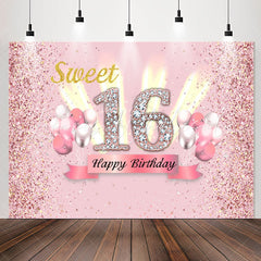 Lofaris Pink Glitter Balloon Sweet 16th Birthday Backdrop