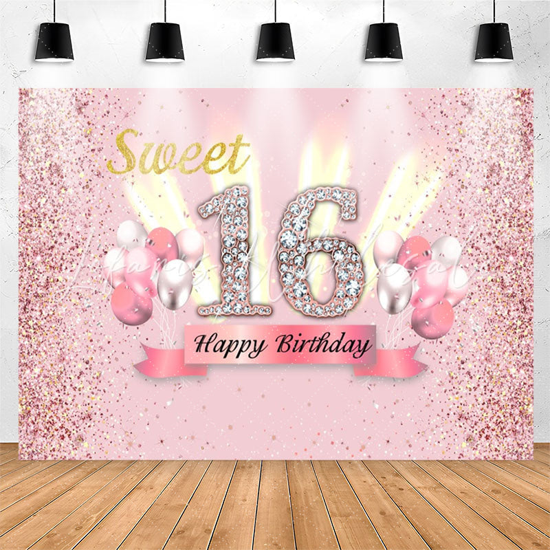 Lofaris Pink Glitter Balloon Sweet 16th Birthday Backdrop