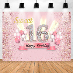 Lofaris Pink Glitter Balloon Sweet 16th Birthday Backdrop