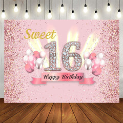 Lofaris Pink Glitter Balloon Sweet 16th Birthday Backdrop