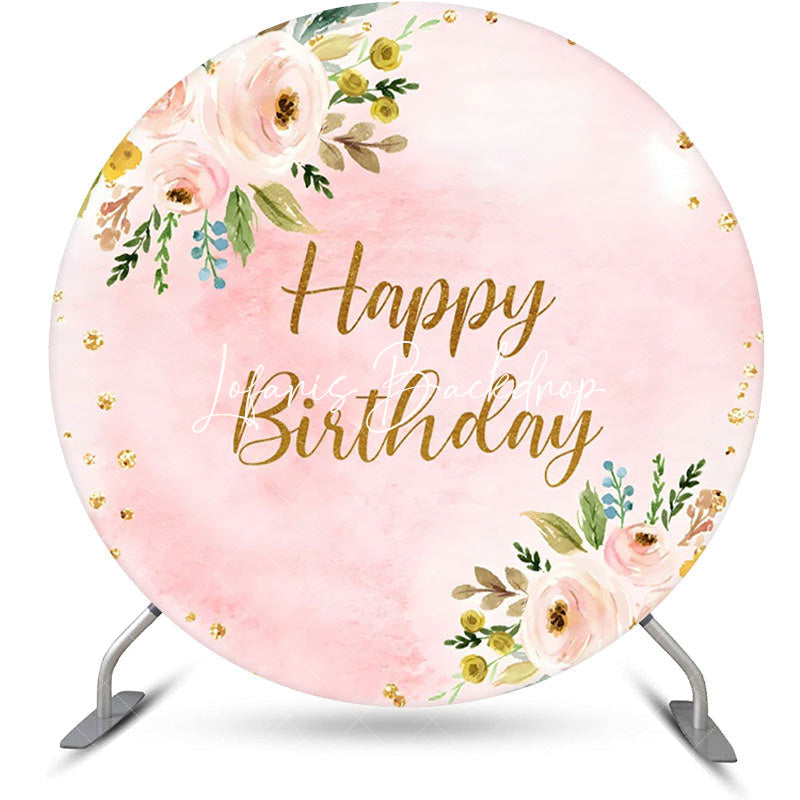 Lofaris Pink Glitter Floral Leaves Round Birthday Backdrop