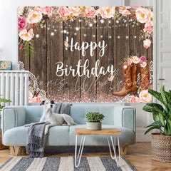 Lofaris Pink Glitter Floral Wooden Happy Birthday Backdrop