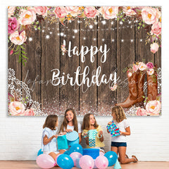 Lofaris Pink Glitter Floral Wooden Happy Birthday Backdrop