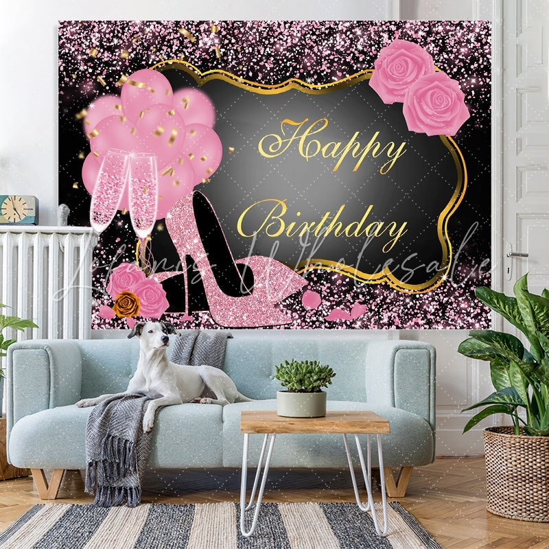 Lofaris Pink Glitter Happy Birthday Backdrop for Women Girls