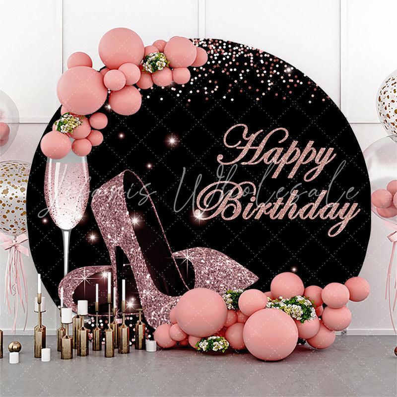Lofaris Pink Glitter Heels Black Round Happy Birthday Backdrop