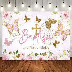 Lofaris Pink Gold Butterfly Baptism First Birthday Backdrop