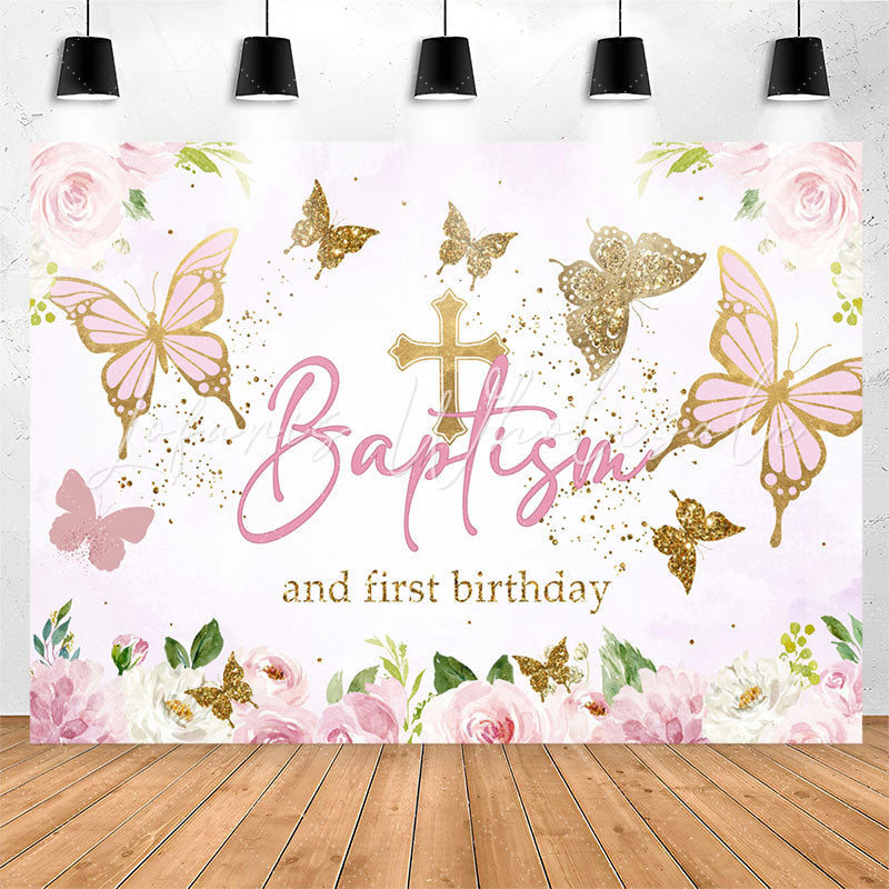 Lofaris Pink Gold Butterfly Baptism First Birthday Backdrop