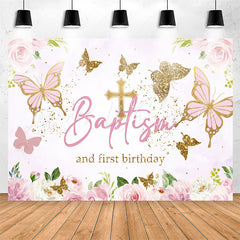 Lofaris Pink Gold Butterfly Baptism First Birthday Backdrop