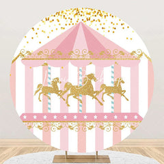 Lofaris Pink Gold Carousel Circus Round Birthday Backdrop