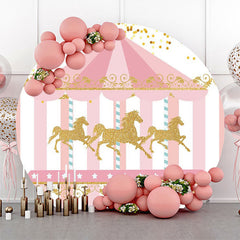 Lofaris Pink Gold Carousel Circus Round Birthday Backdrop