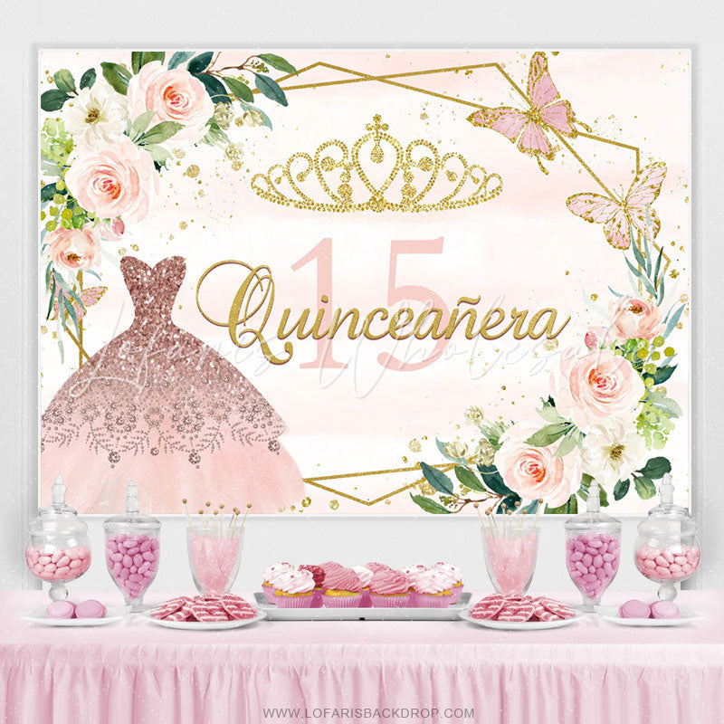 Lofaris Pink Gold Flower Butterfly Happy 15Th Birthday Backdrop
