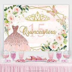 Lofaris Pink Gold Flower Butterfly Happy 15Th Birthday Backdrop