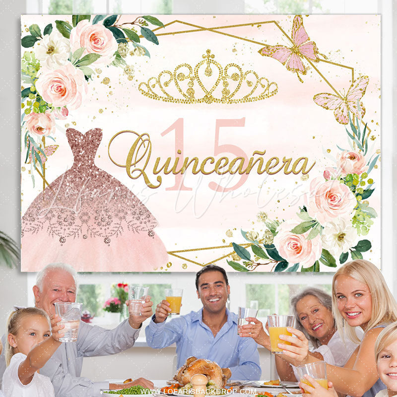 Lofaris Pink Gold Flower Butterfly Happy 15Th Birthday Backdrop