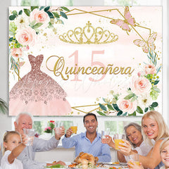 Lofaris Pink Gold Flower Butterfly Happy 15Th Birthday Backdrop