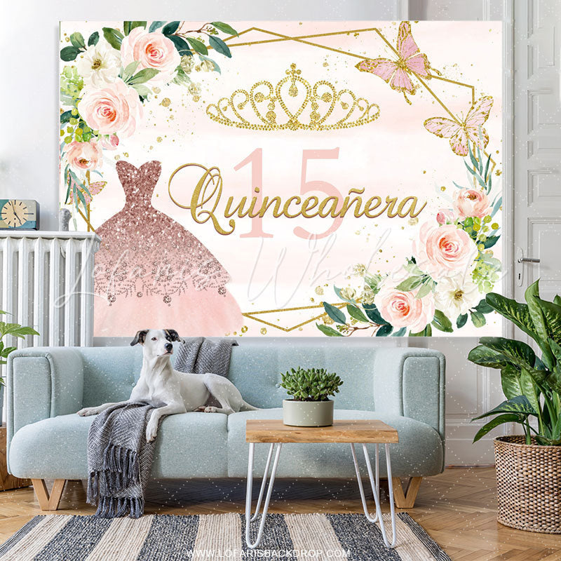Lofaris Pink Gold Flower Butterfly Happy 15Th Birthday Backdrop