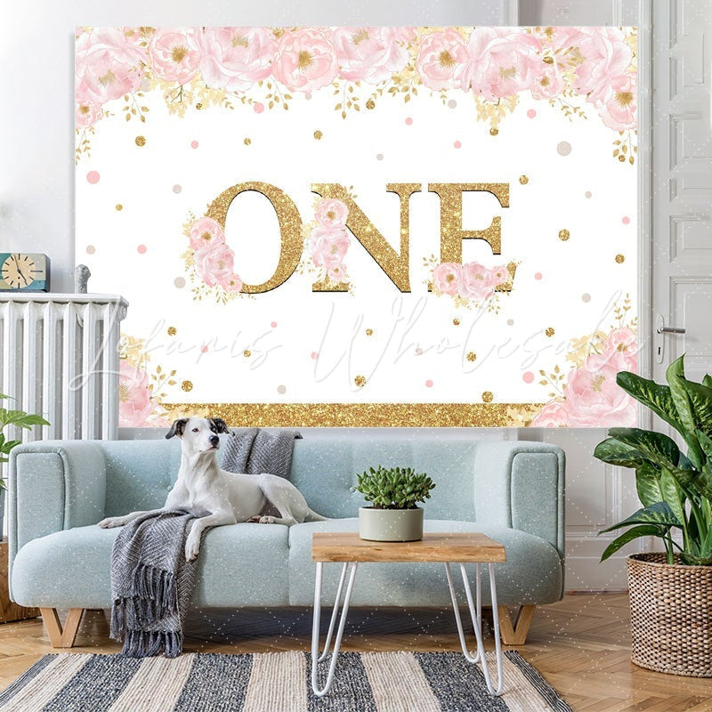Lofaris Pink Gold Glitter Happy 1st Birthday Backdrop for Girl