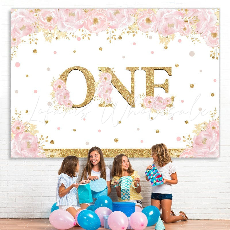 Lofaris Pink Gold Glitter Happy 1st Birthday Backdrop for Girl