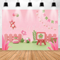 Lofaris Pink Green Floral Cartoon Bear Birthday Backdrop