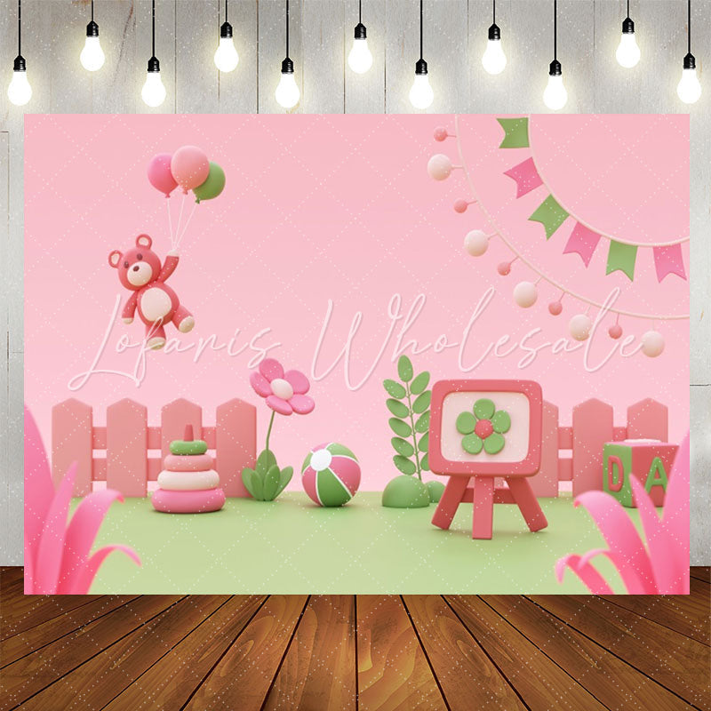Lofaris Pink Green Floral Cartoon Bear Birthday Backdrop