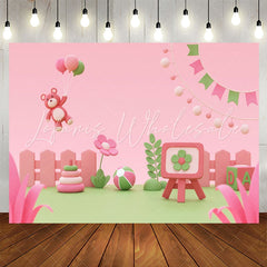 Lofaris Pink Green Floral Cartoon Bear Birthday Backdrop