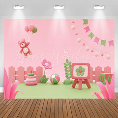 Lofaris Pink Green Floral Cartoon Bear Birthday Backdrop