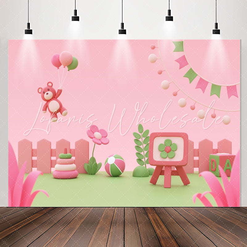 Lofaris Pink Green Floral Cartoon Bear Birthday Backdrop