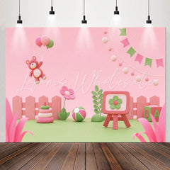 Lofaris Pink Green Floral Cartoon Bear Birthday Backdrop