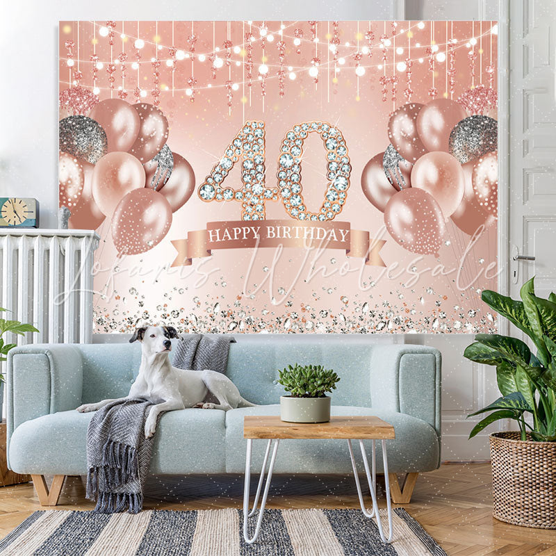 Lofaris Pink Happy 40th Birthday Sparkle Balloon Diamonds Backdrop for Women