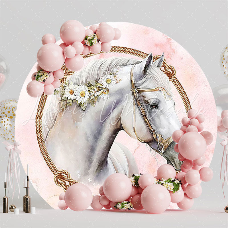 Pink Horse and Daisies Round Backdrop for Farm Themed Party