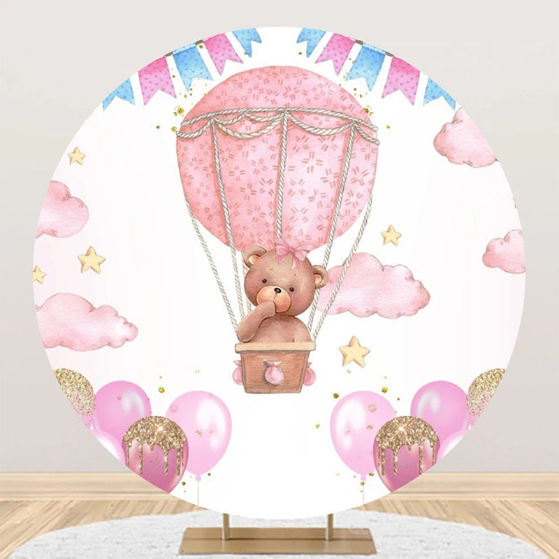Lofaris Pink Hot Air Balloon Bear Circle Birthday Backdrop