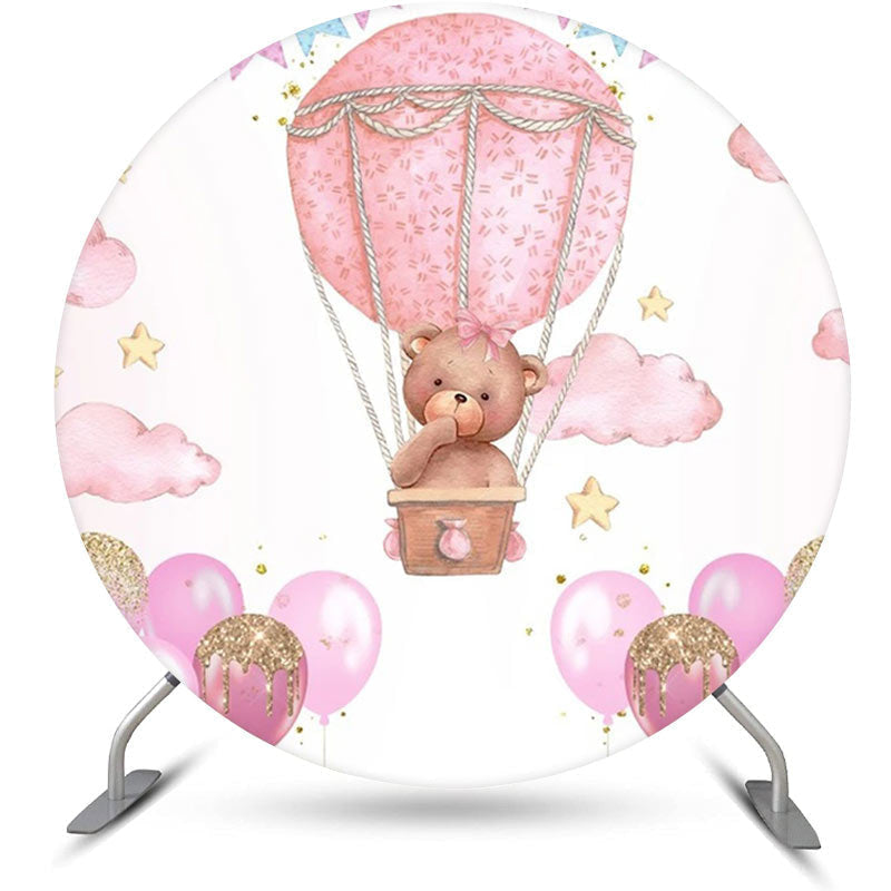 Lofaris Pink Hot Air Balloon Bear Circle Birthday Backdrop