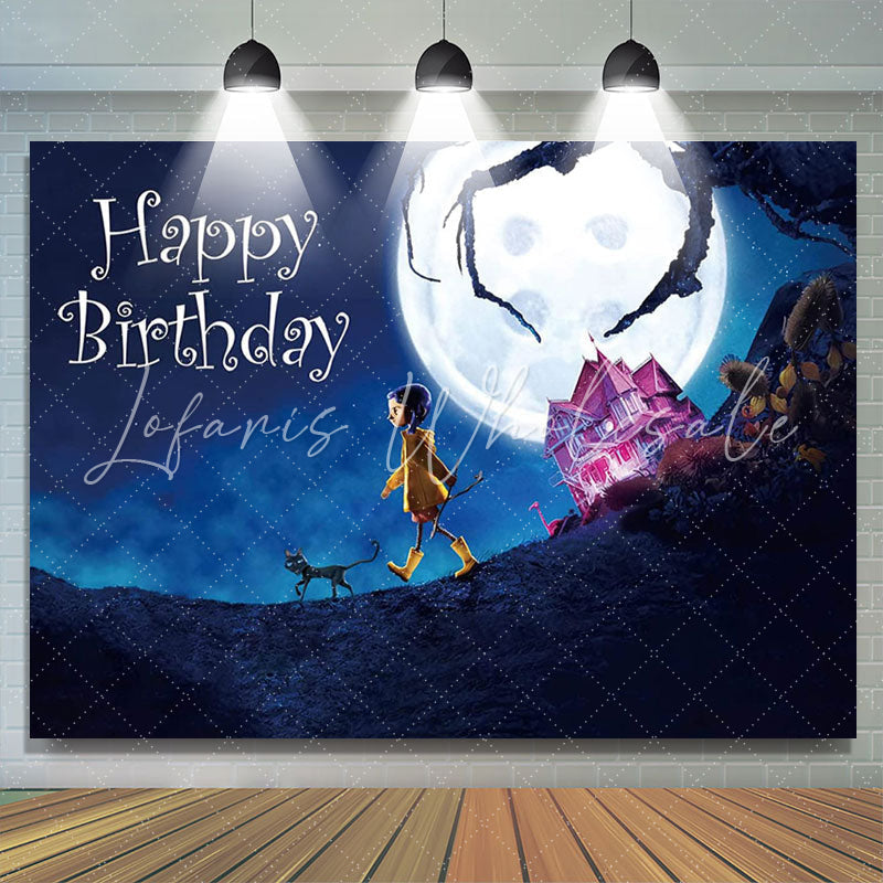 Lofaris Pink House Moon Night Little Girl Birthday Backdrop