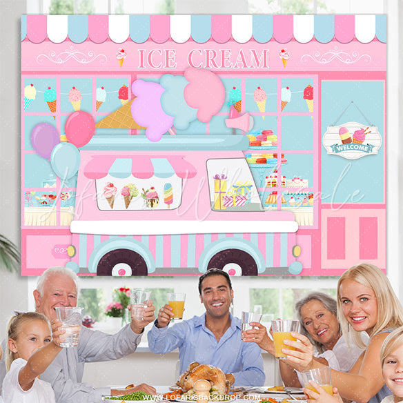 Lofaris Pink Ice Cream Truck Shop Birthday Party Backdrop