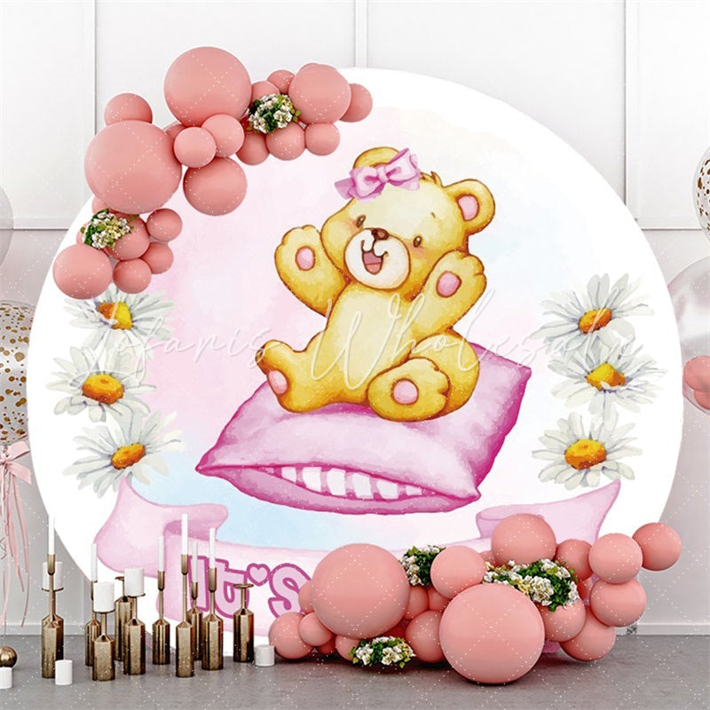 Lofaris Pink Its A Girl Bear And Pillow Round Baby Shower Backdrop