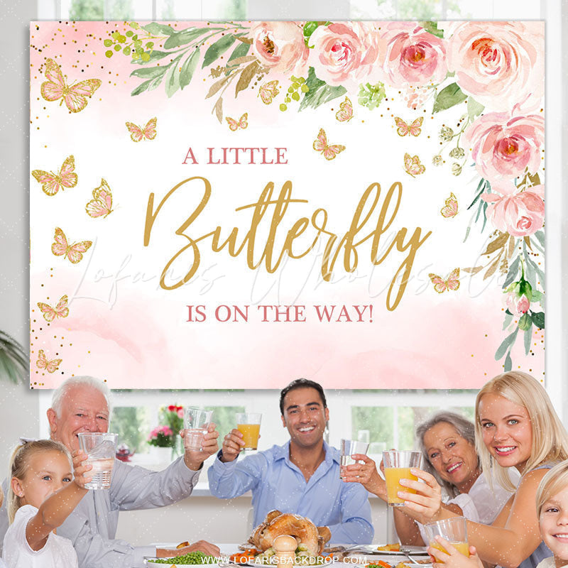 Lofaris Pink Little Butterfly Flowers Baby Shower Backdrop