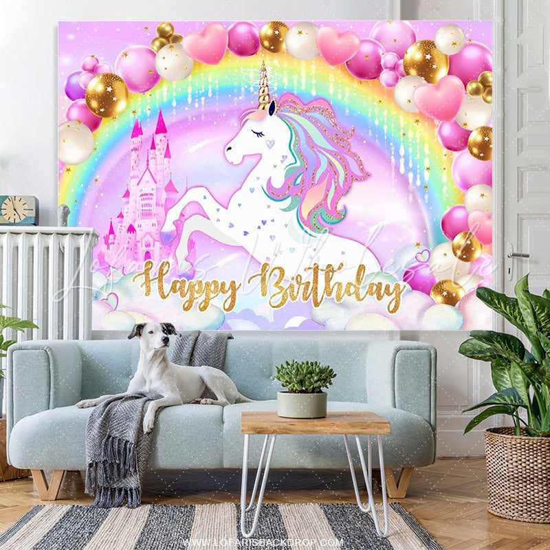 Lofaris Pink Love Balloons Glitter Rainbow Horse Birthday Backdrop