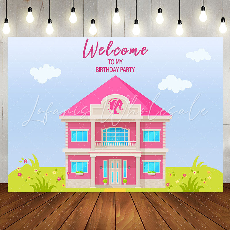 Lofaris Pink Luxury Villa Sky Grass Birthday Backdrop For Girl