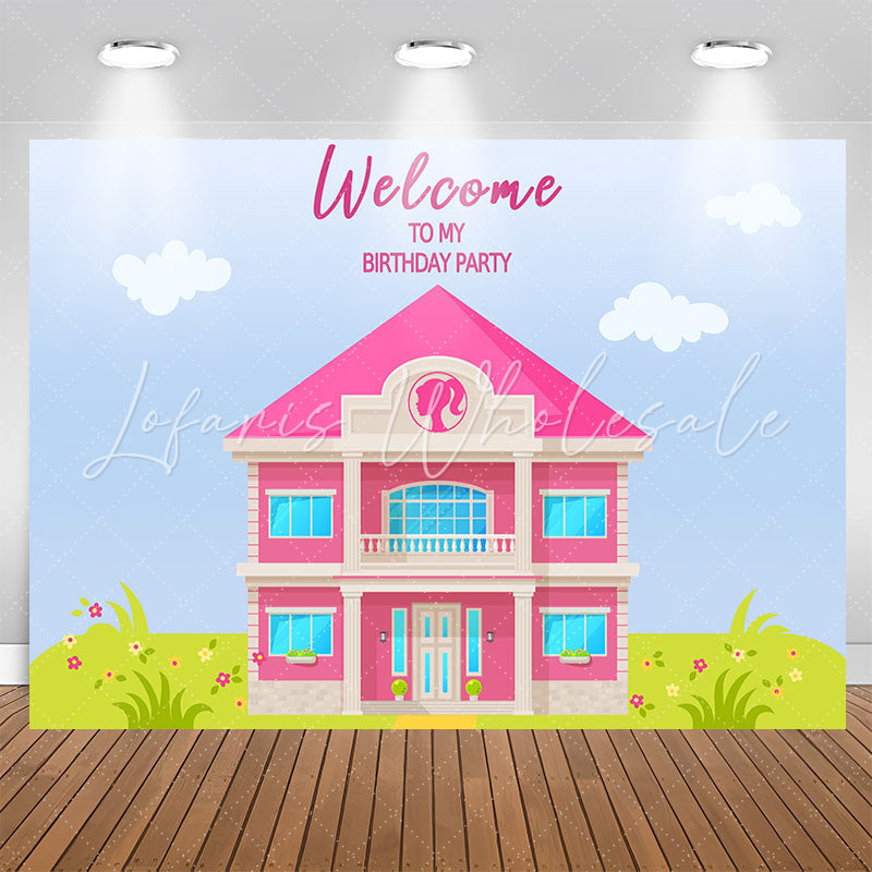 Lofaris Pink Luxury Villa Sky Grass Birthday Backdrop For Girl
