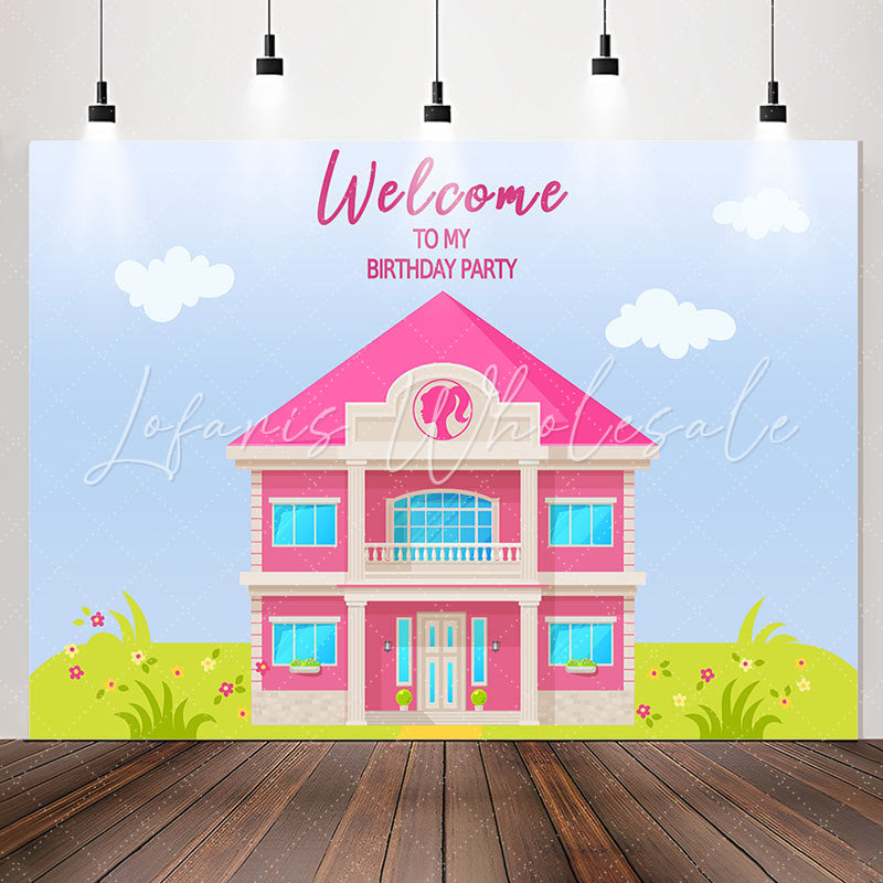 Lofaris Pink Luxury Villa Sky Grass Birthday Backdrop For Girl