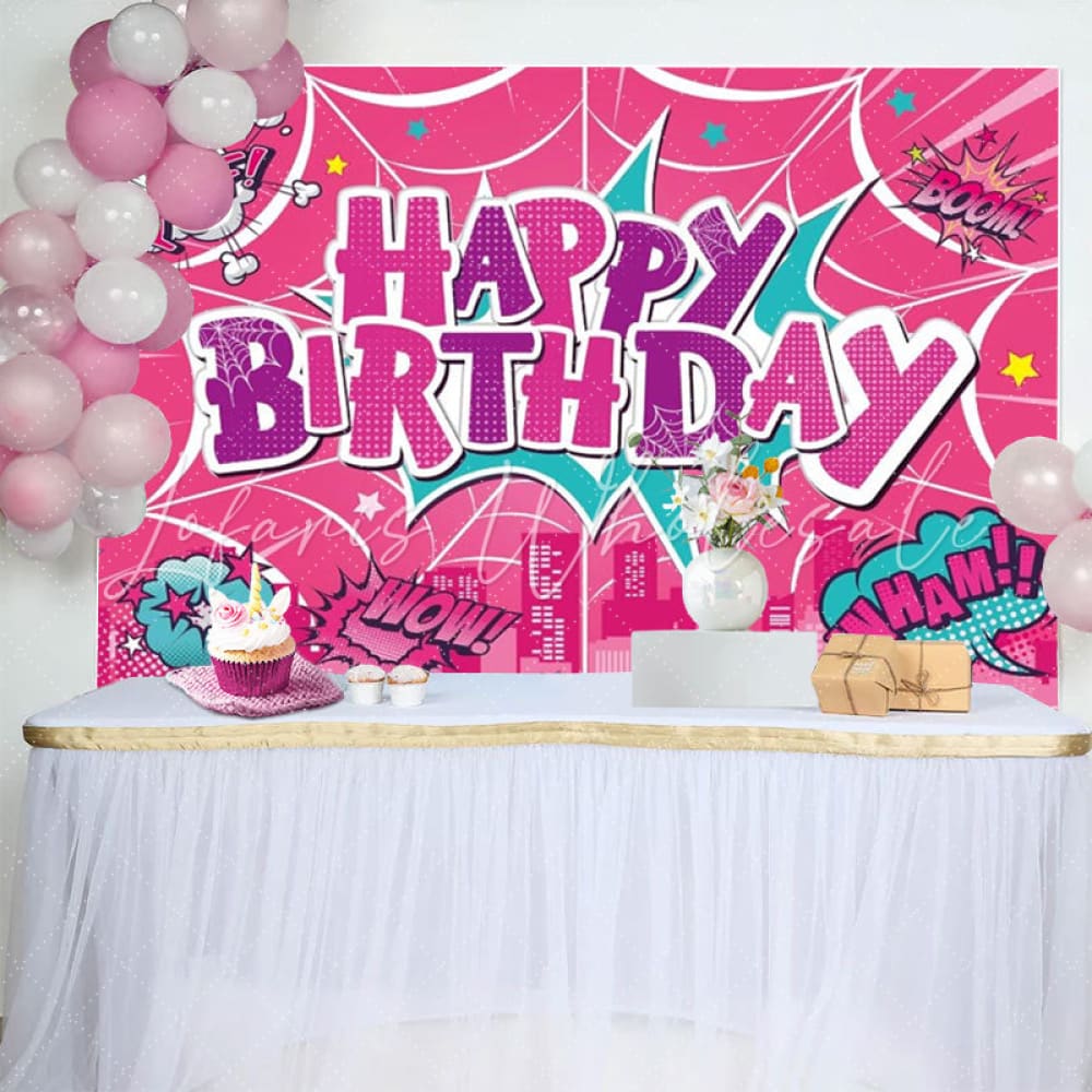 Pink Marvel Spider Web Super Hero Birthday Photo Backdrop For Girls