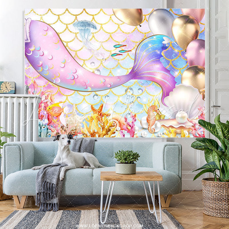 Lofaris Pink Mermaid Tail For Girls Birthday Party Photo Backdrop