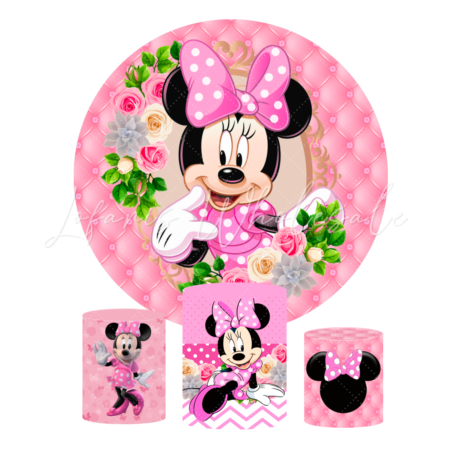 Pink Minnie Birthday Party Round Backdrop Cover Plinth Cylinder Pedestal Cover